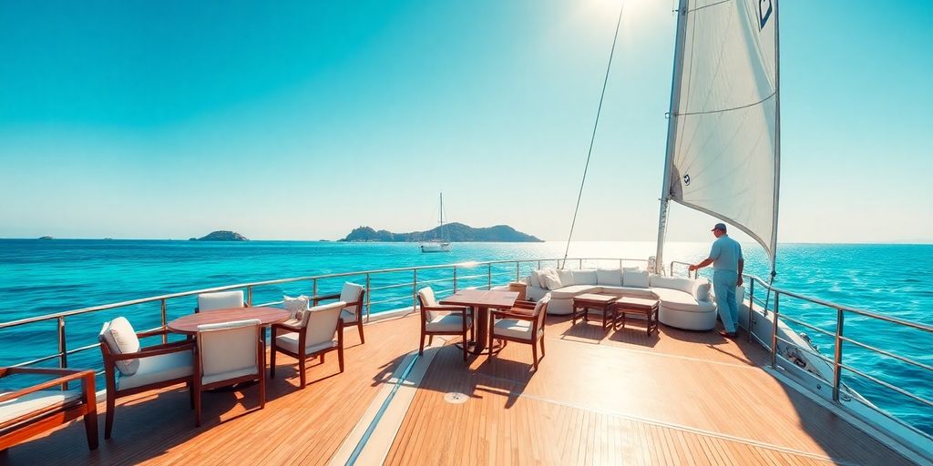 Sunlit luxury yacht deck with lounge chairs overlooking turquoise sea.