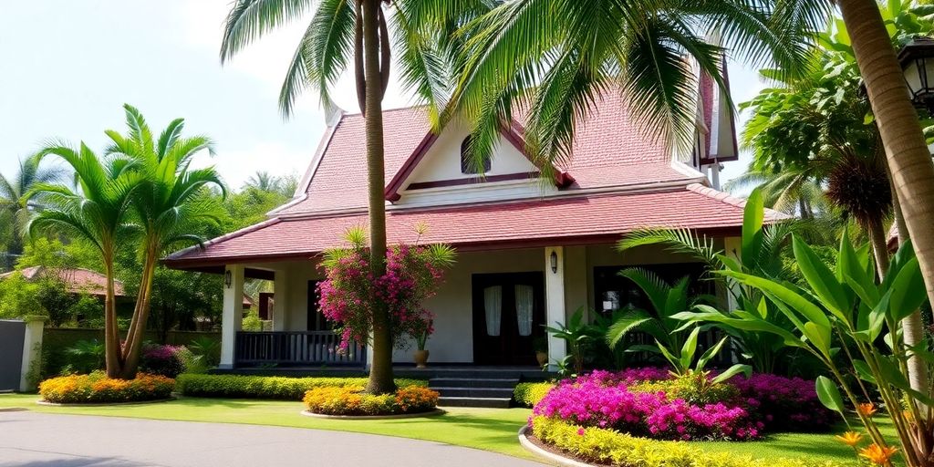 Charming Thai property with lush greenery and traditional design.