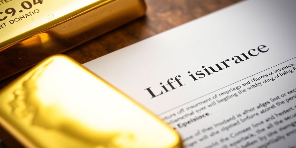 Barre d'or et contrat d'assurance-vie en arrière-plan.