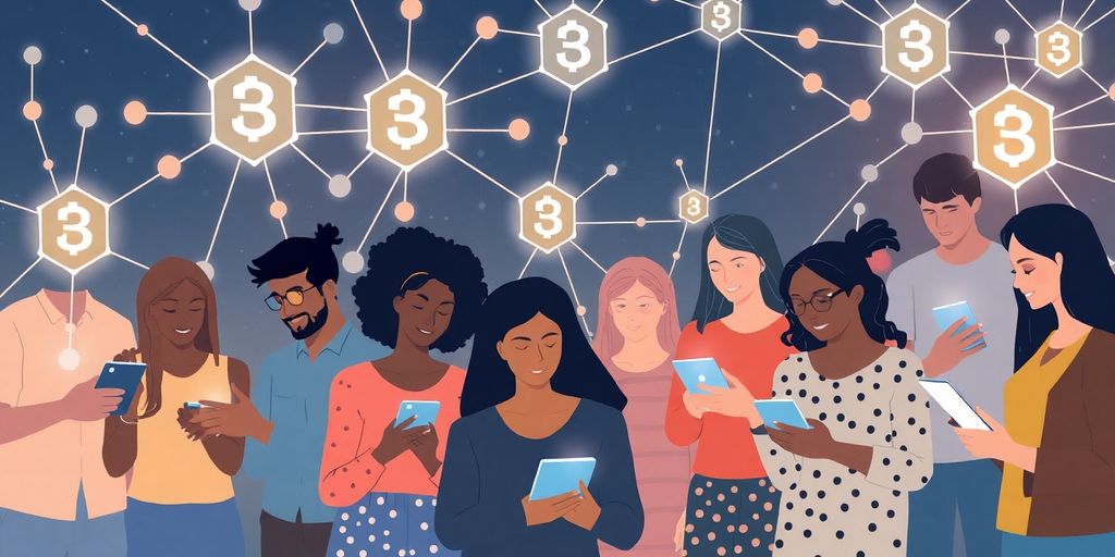 Diverse group engaging with digital devices and blockchain nodes.