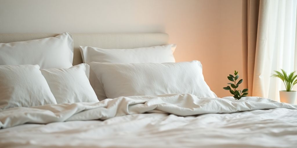 Cozy bedroom with soft bedding and calming atmosphere.