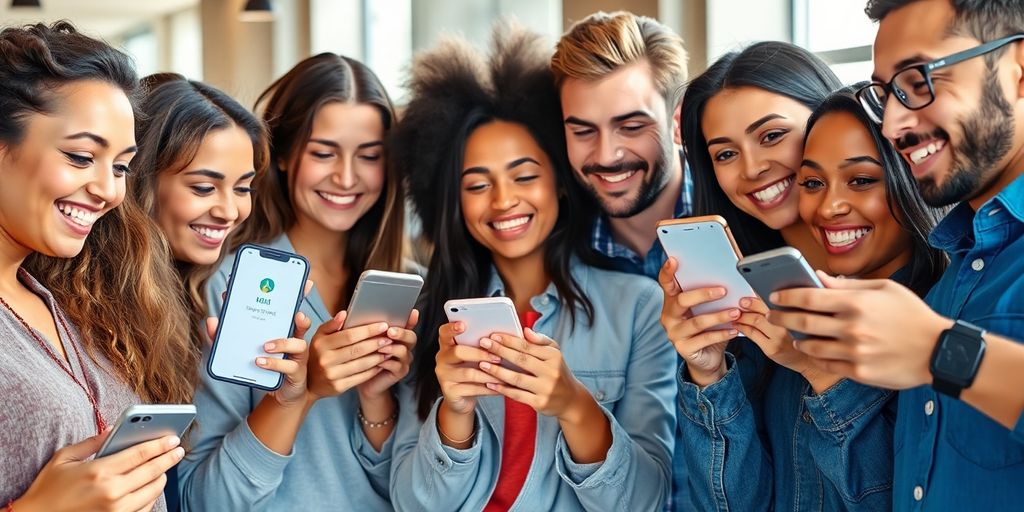 Diverse people using investment apps on phones.