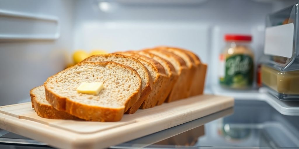Homemade bread slices and butter in a fridge.