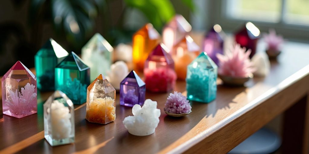 Cristalli colorati su un tavolo di legno