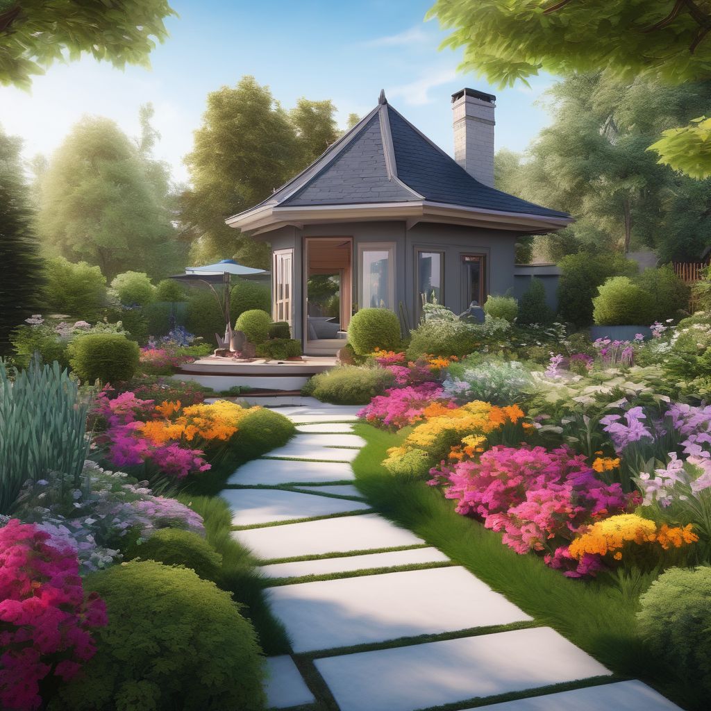 serene garden landscape with colorful flowers and balanced design