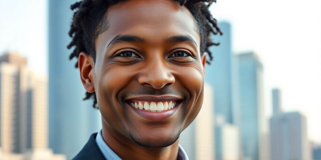 Professional standing, smiling, city backdrop