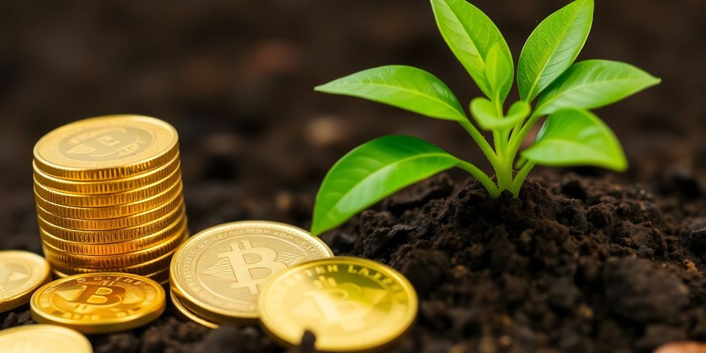 Stack of gold coins, flourishing plant, growing upwards