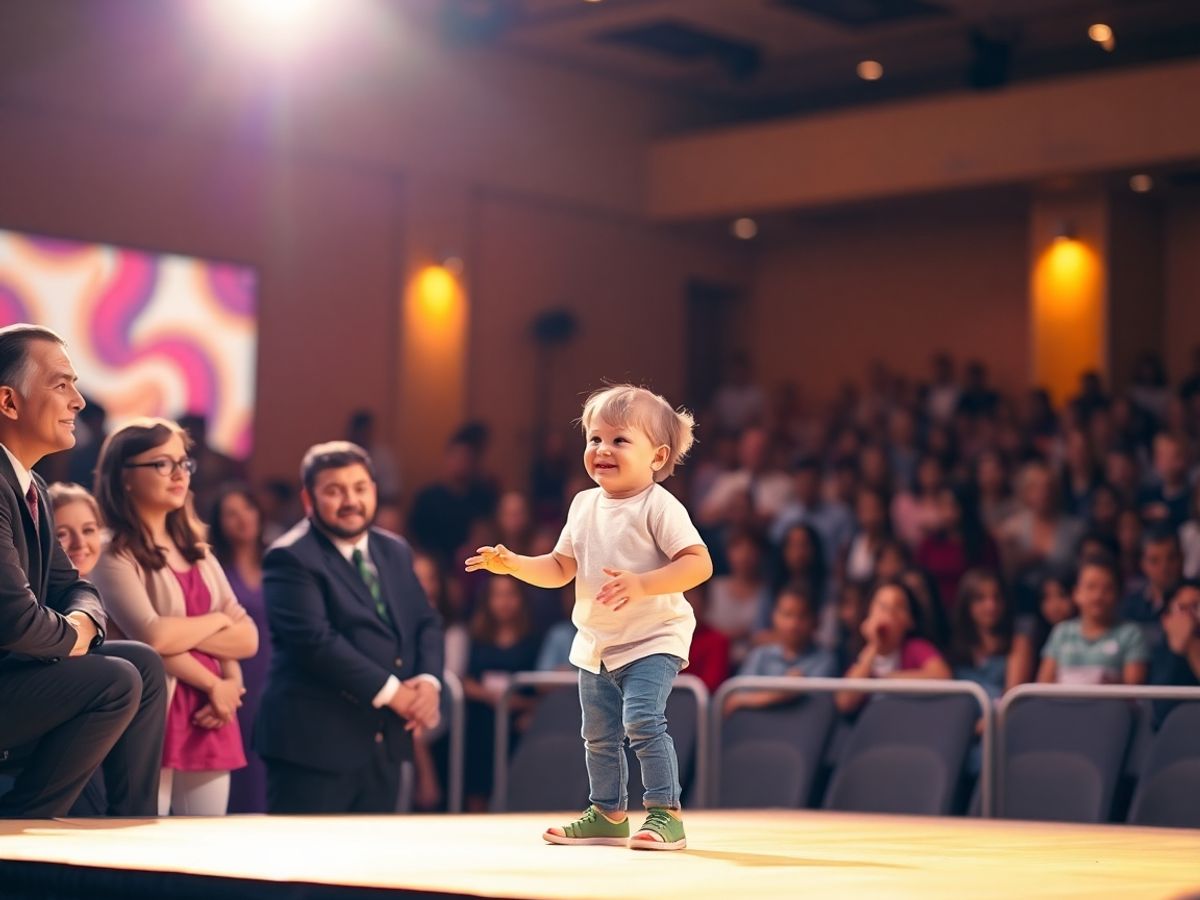 Copil talentat, juriu, scenă, public, concurs, aplauze, premiu.