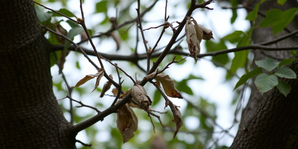 Tree with weak and dead leaves and bark