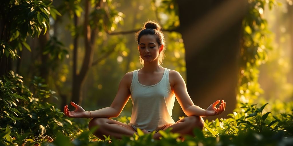 Person meditating peacefully outdoors at sunrise.