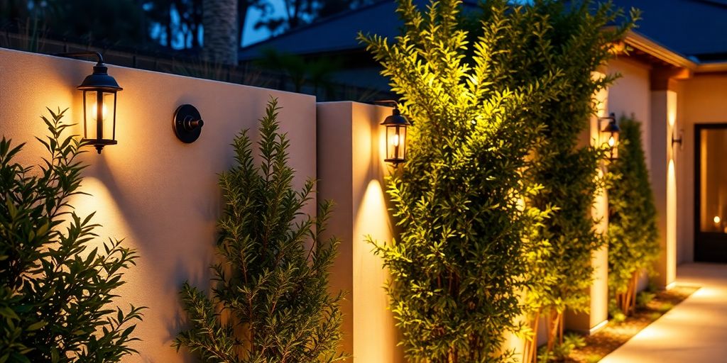 Stylish exterior wall lighting with greenery at night.