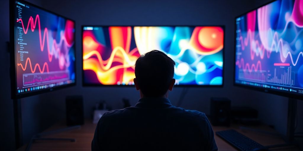 Person analyzing colorful data on multiple large screens.