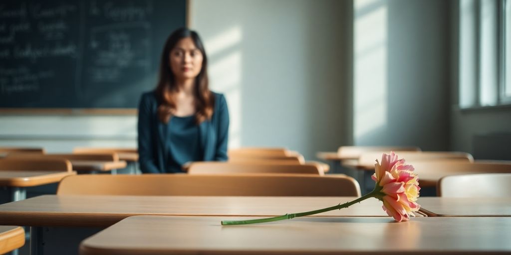 Enseignants déçus, salle de classe vide, fleur fanée.