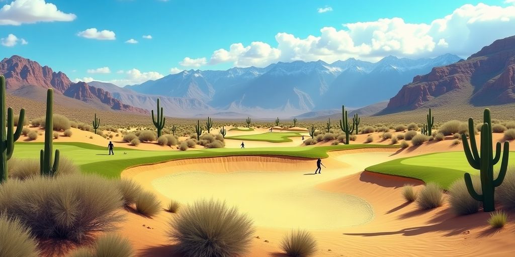 Desert golf course with cacti and mountains in background.