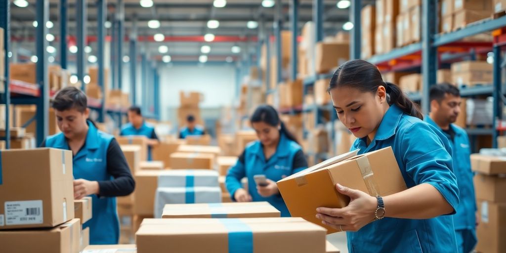 Peak Season in der Logistik: Wie Zeitarbeit Engpässe abfedert Logistiklager mit Mitarbeitern beim Pakethandling.