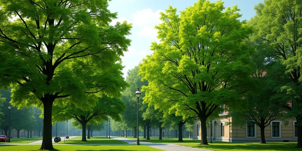 Friska träd med grönskande lövverk och beskärningstekniker.