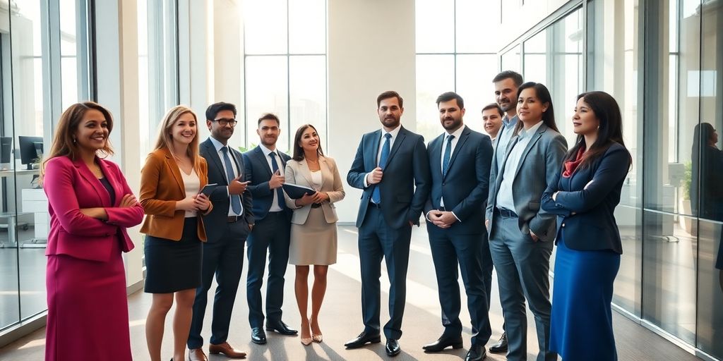 Diverse leaders confidently navigate a curving path in a modern office.