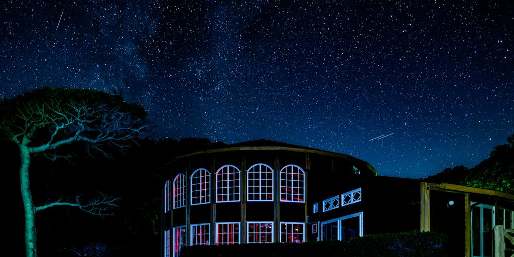 a house with a tree in the foreground and a night sky full of stars