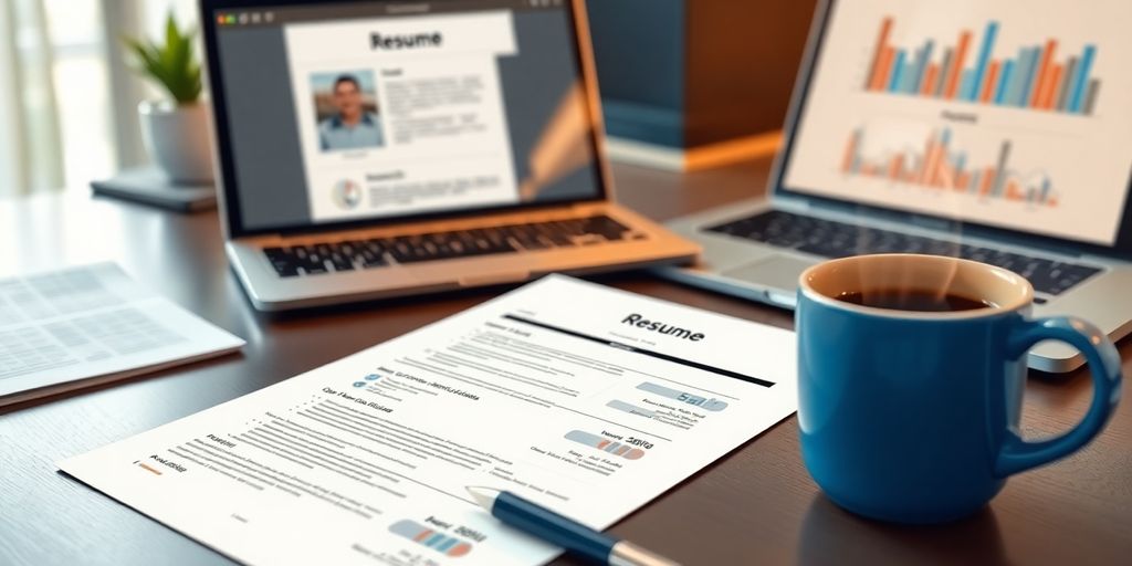 Recruiter's desk with resume, laptop, and coffee.