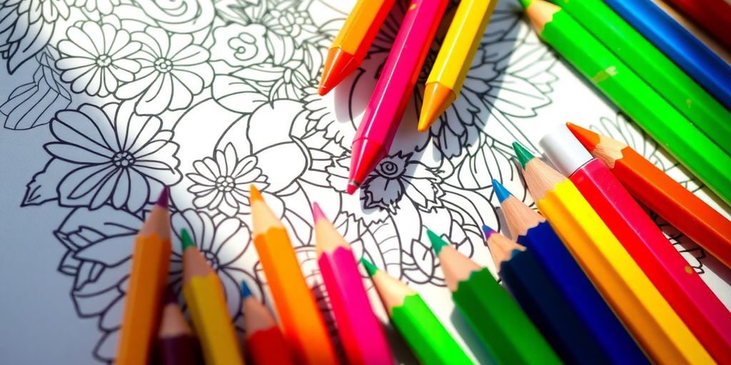 Vibrant, intricate coloring page with crayons.