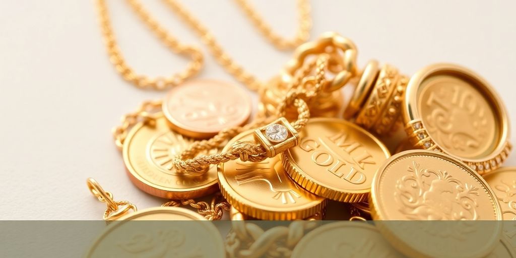 Pièces d'or et bijoux brillants sur fond neutre.