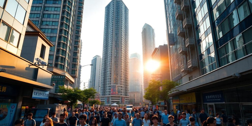 Bustling street with pedestrians and modern high-rises.
