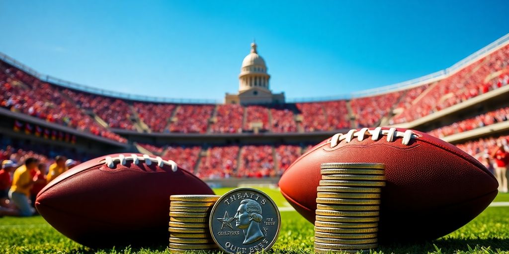 Sunlit Texas sports stadium, football, stack of coins, state capitol.