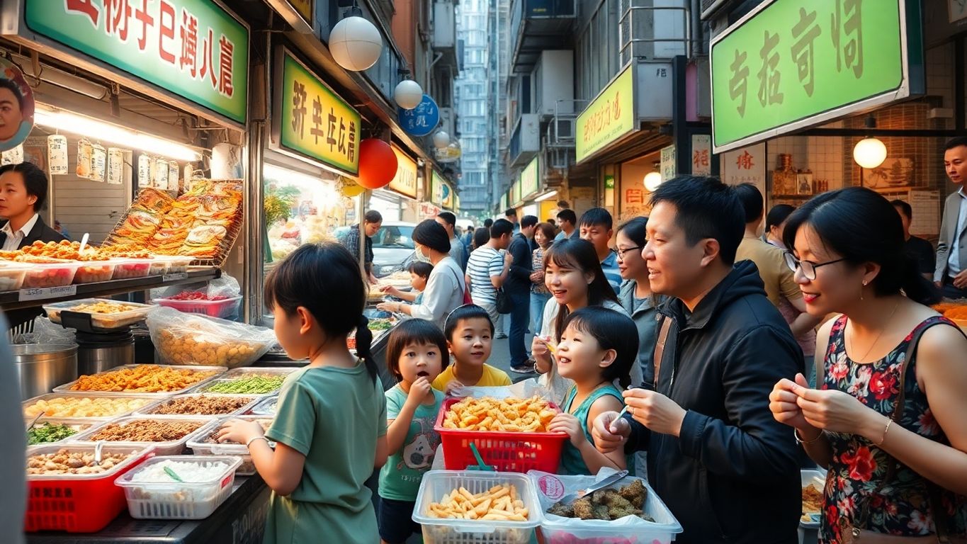 Families enjoying delicious street food in Hong Kong.