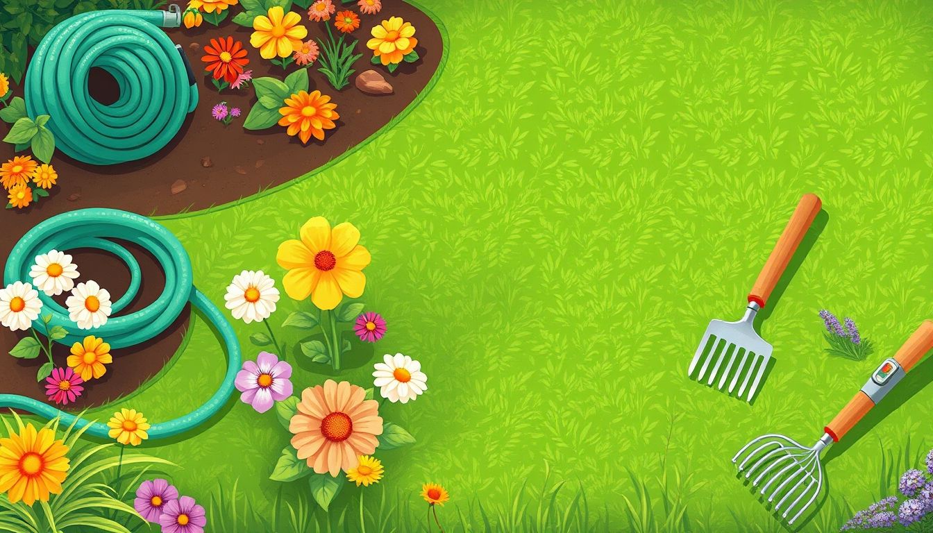 Illustrative garden with lawn and tools