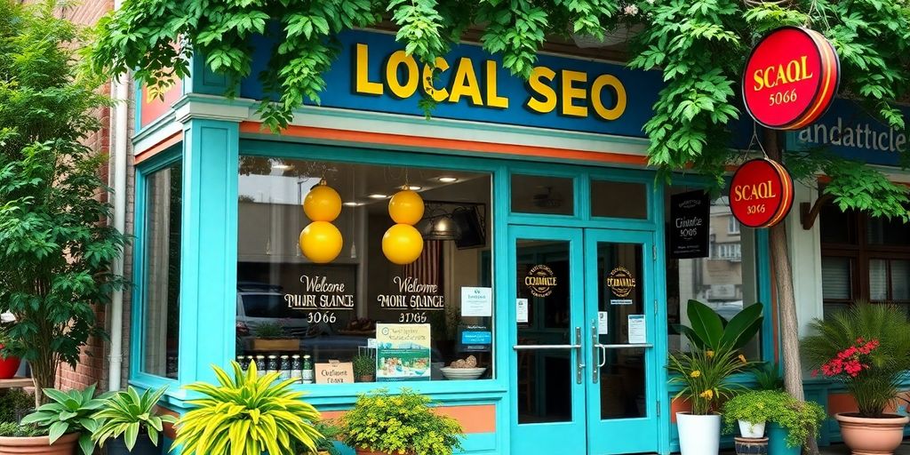 Lokaal bedrijfspand met groene omgeving en uitnodigende sfeer.