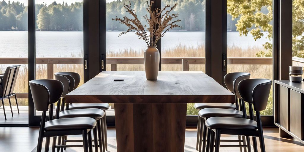Modern dining area with a wooden table overlooking a lake.