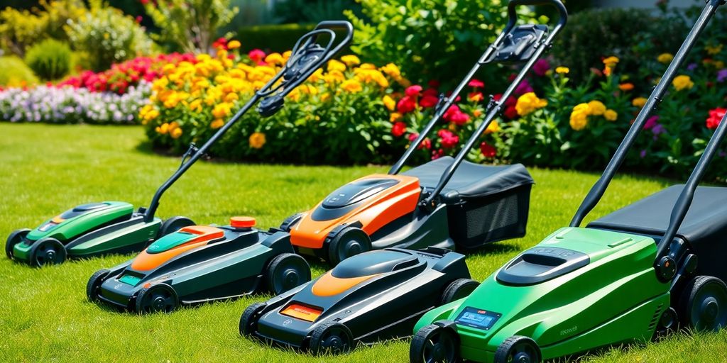 Cordless mowers working in a beautiful garden setting.
