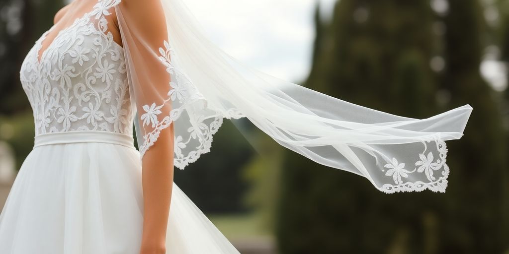 Romantic wedding dress with elegant flowing sleeves outdoors.