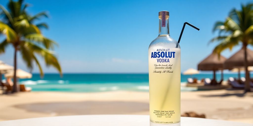 Refreshing Absolute Vodka cocktail at a sunny beach.