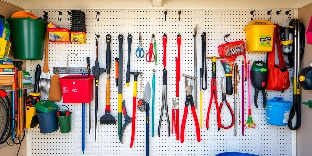 Organized pegboard in a shed with tools and supplies.