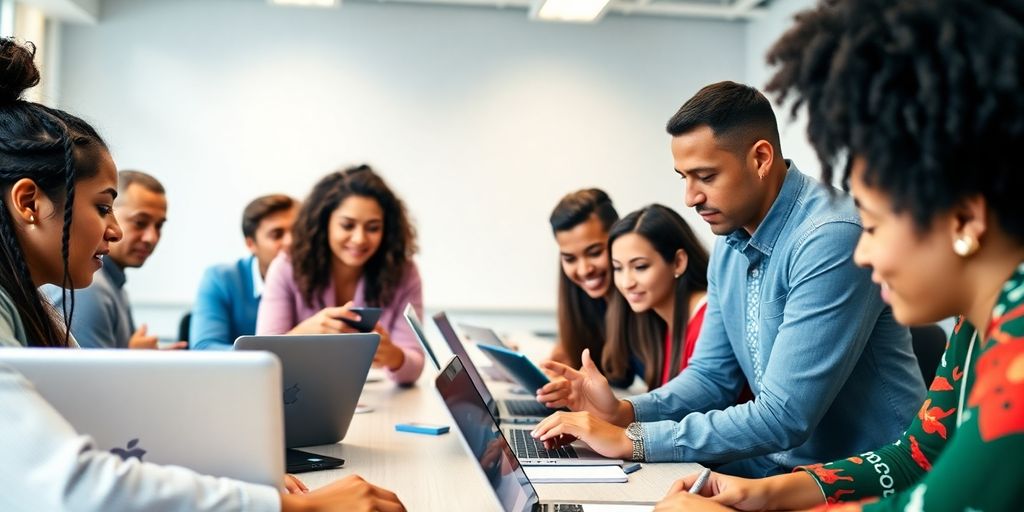 Group learning about blockchain technology in a classroom.