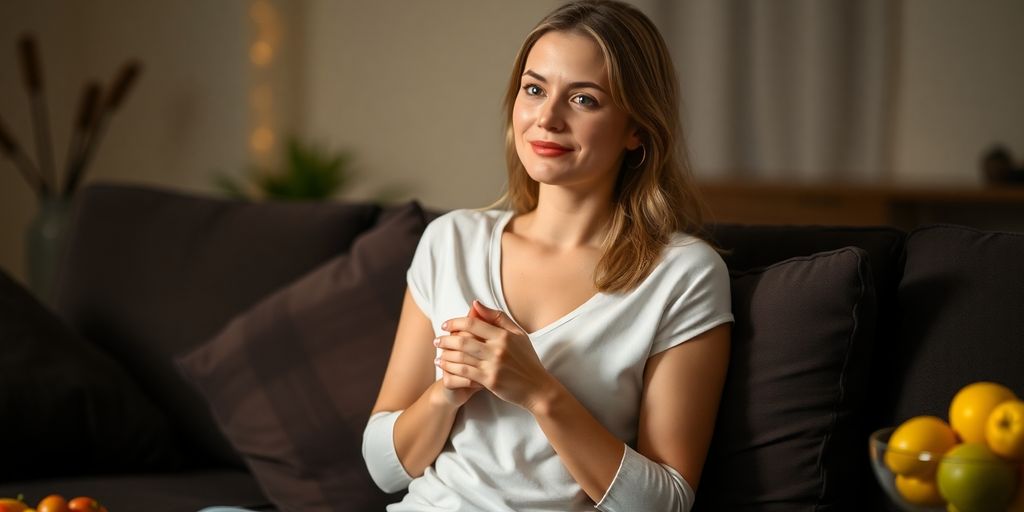 Woman calmly resists snacks, enjoying a peaceful evening.