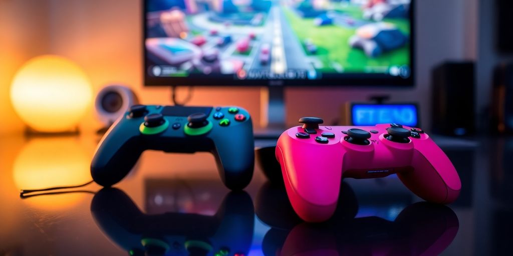 Bunte Gaming-Controller und leuchtende Bildschirme