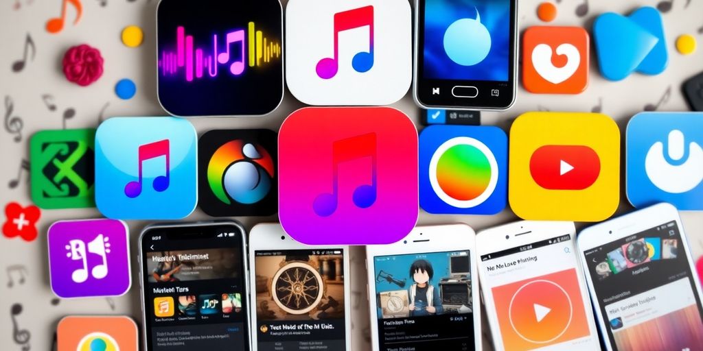 Collage of music finder app icons and interfaces.