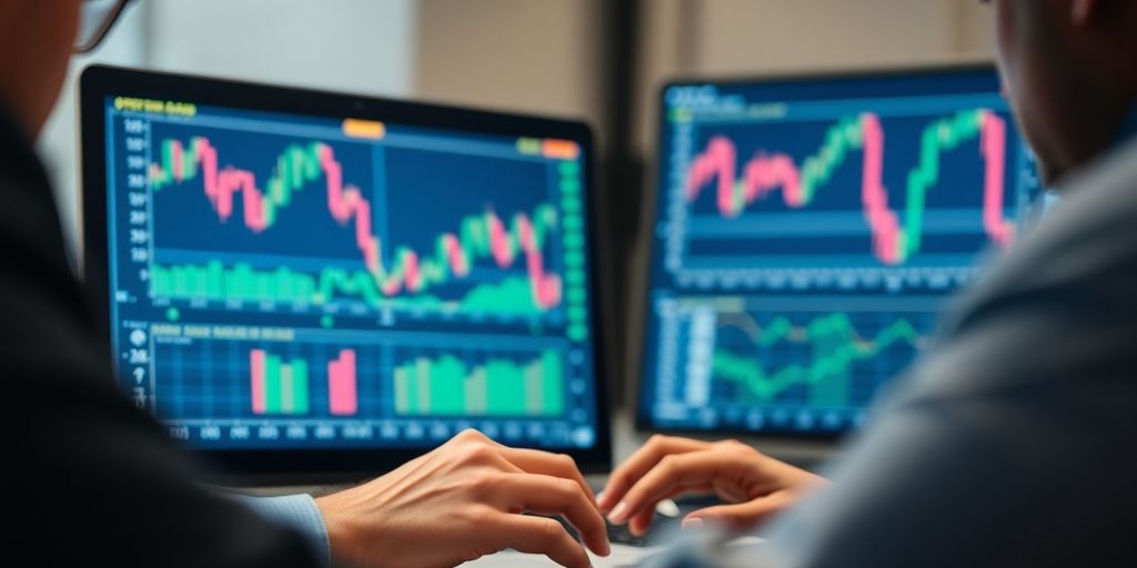 Trader analyzing options on a laptop in a bright office.