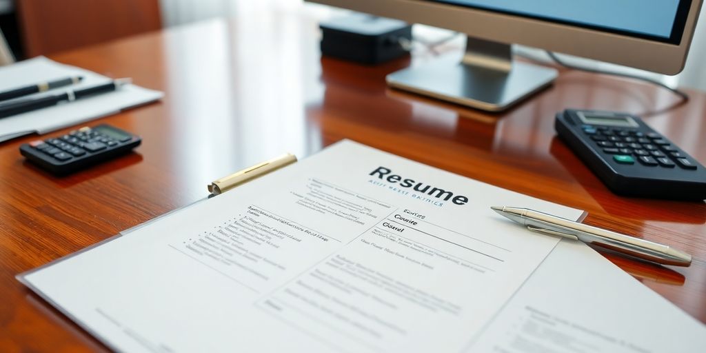 resume, clipboard, pen, calculator, computer screen