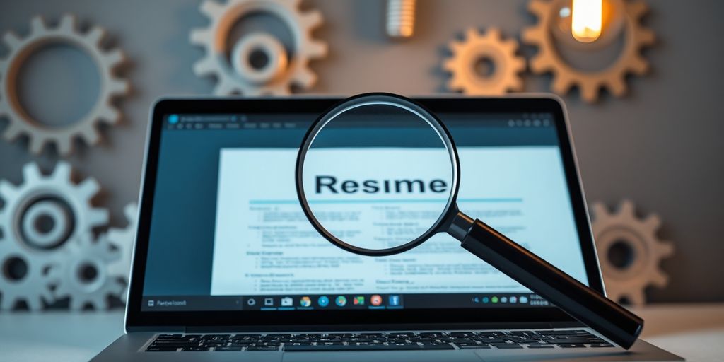 Laptop, resume, magnifying glass, gears, lightbulb