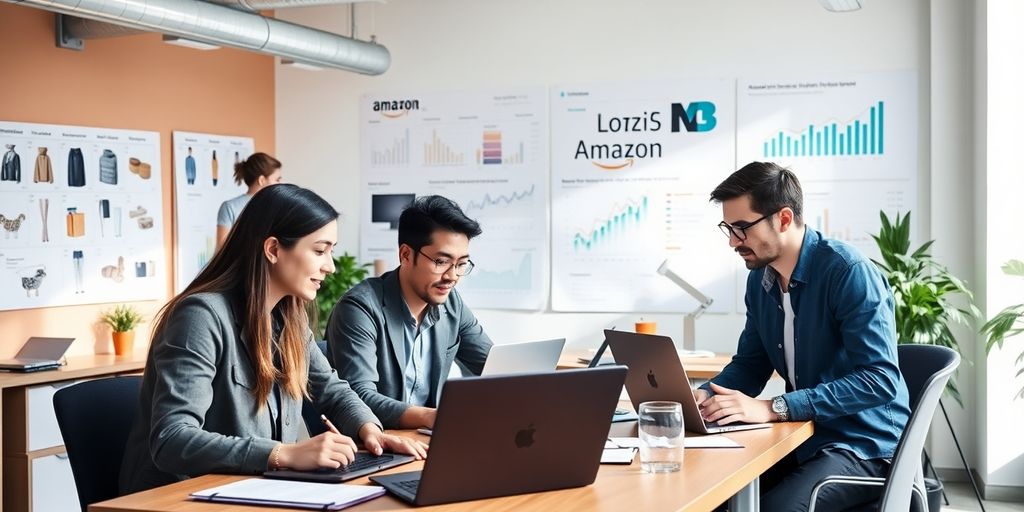 Professionals collaborating in a modern workspace.