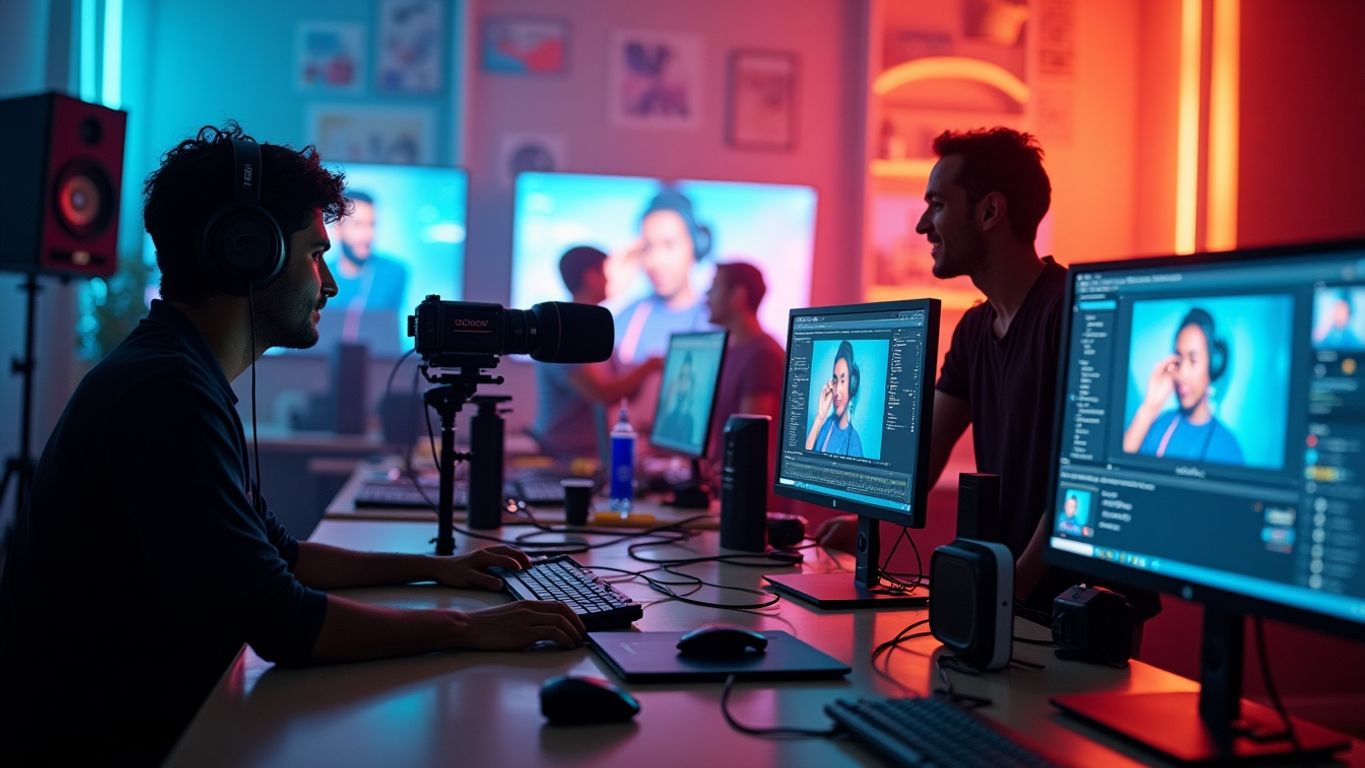 Faceless creators engaged in video production activities.