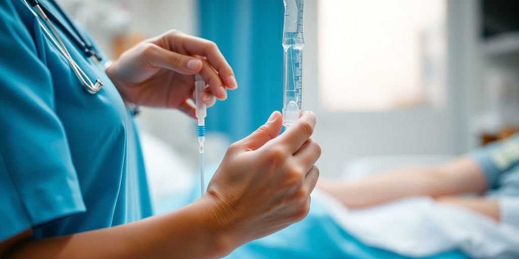 Nurse tending to patient, hospital background