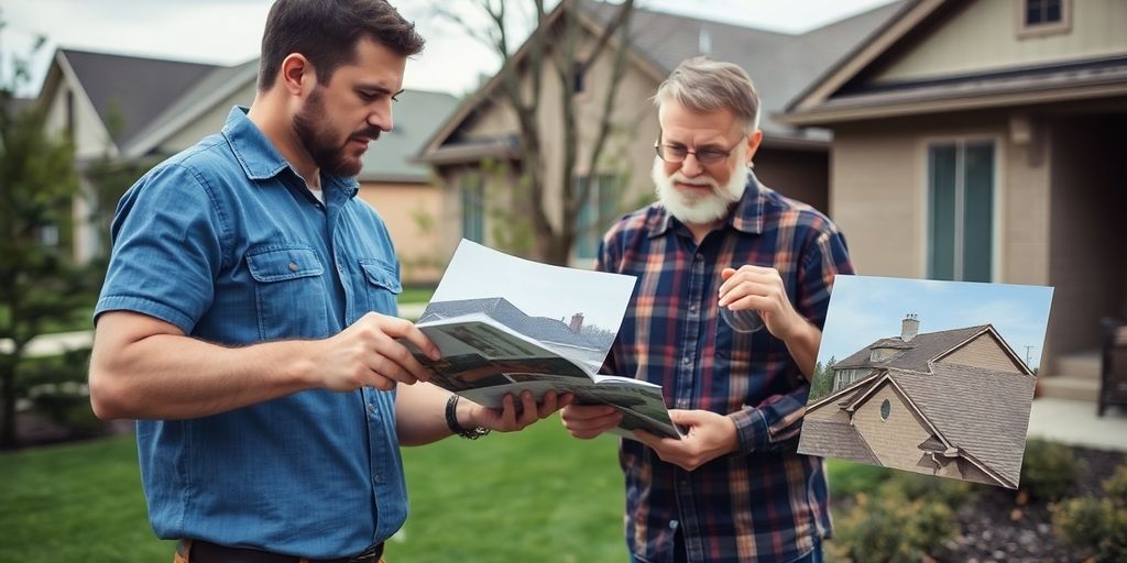 Contractor and homeowner reviewing roofing repair photos together.
