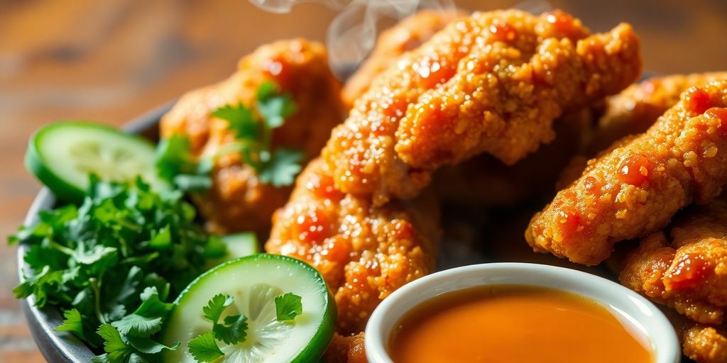 ไก่ทอดน้ำปลา กรอบ สีทอง จัดวาง บน จาน พร้อม ผักสด และ น้ำจิ้มถ้วยเล็ก