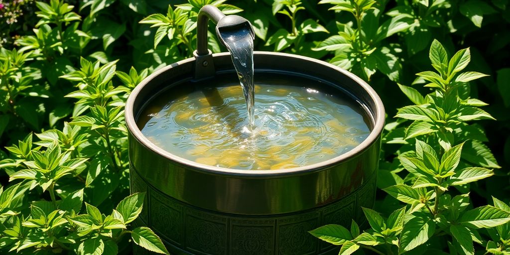Regentonne im Garten mit vollem Wasser.