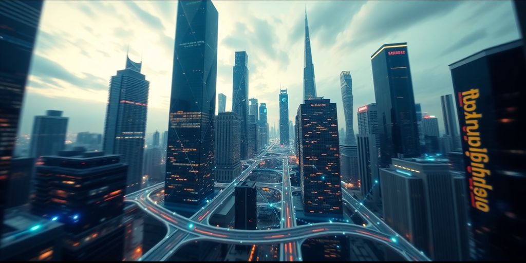 Soaring structures, interconnected network, global business, ambitious growth.