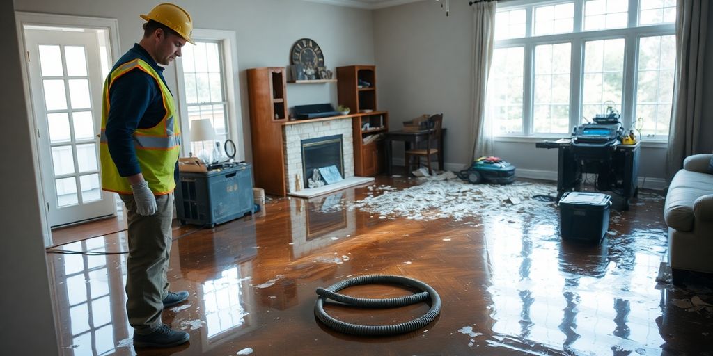 Technician inspecting water damage in a flooded home.